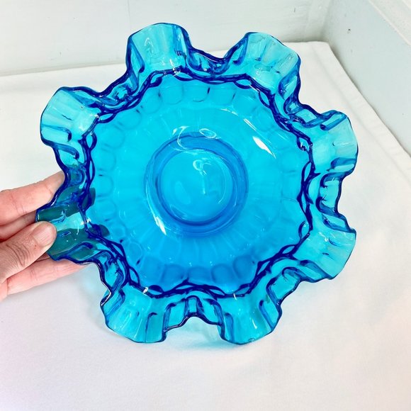 FENTON TURQUOISE GLASS RUFFLE EDGE CREST BOWL BRIDES BOWL (9") - Picture 6 of 9